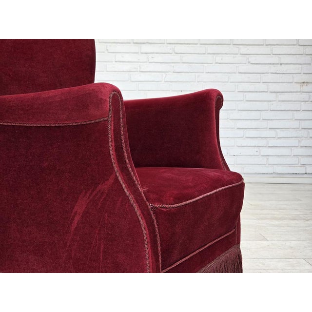 Mid-Century Modern Vintage Danish Lounge Chair in Cherry-Red Furniture Velour and Oak, 1960s For Sale - Image 3 of 16