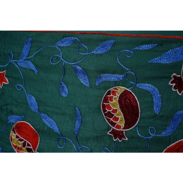 Textile Green Uzbek Suzani Embroidered Table Runner – Red Pomegranate Floral Boho Textile 1'8'' X 6'1'' For Sale - Image 7 of 12