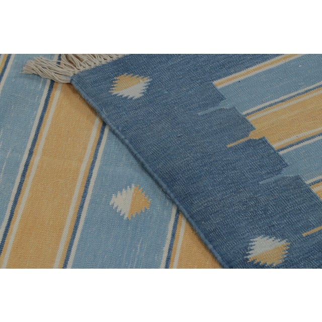 Textile Rug & Kilim’s Indian Dhurrie Rug in Blue, Gold and Ivory Geometric Stripes For Sale - Image 7 of 9