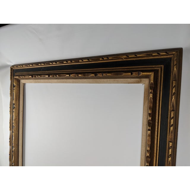 Large Vintage Carved Wood Picture Frame in Gold & Deep Blue With Cream Linen Liner For Sale - Image 10 of 15