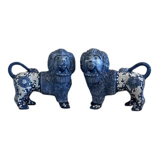 Vintage Hand-Painted Large Blue and White Mantle Lions Attributed to Maitland-Smith - a Pair For Sale