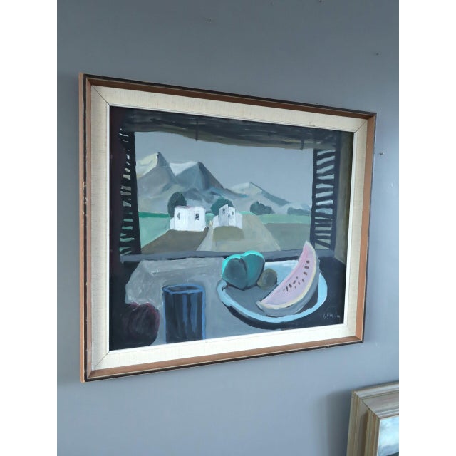 Mid-Century Modern 'Still Life With Mountain View' Vintage Original Interior Oil Painting, Framed For Sale - Image 4 of 13