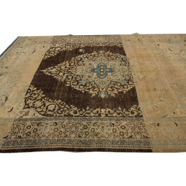 Persian Vintage Persian Tabriz Handmade Brown Medallion Wool Rug For Sale - Image 3 of 7