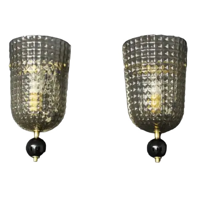Textured Smoked Murano Glass Sconces, 1980s, Set of 2 For Sale