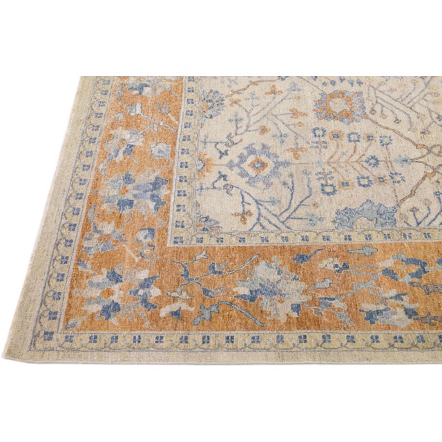Apadana's Artisan Collection Beige and Orange Handmade Designed Wool Rug For Sale - Image 4 of 7