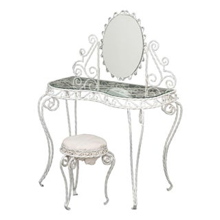 Modern White Painted Wrought Iron Vanity and Stool For Sale