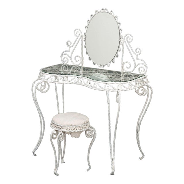 Modern White Painted Wrought Iron Vanity and Stool For Sale