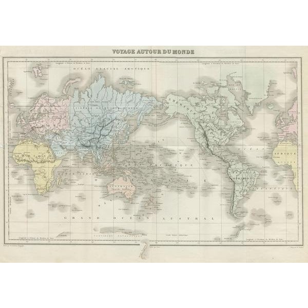 Antique map titled 'Voyage Autour du Monde'. Original map of the world. This map originates from volume 1 of 'Voyage...
