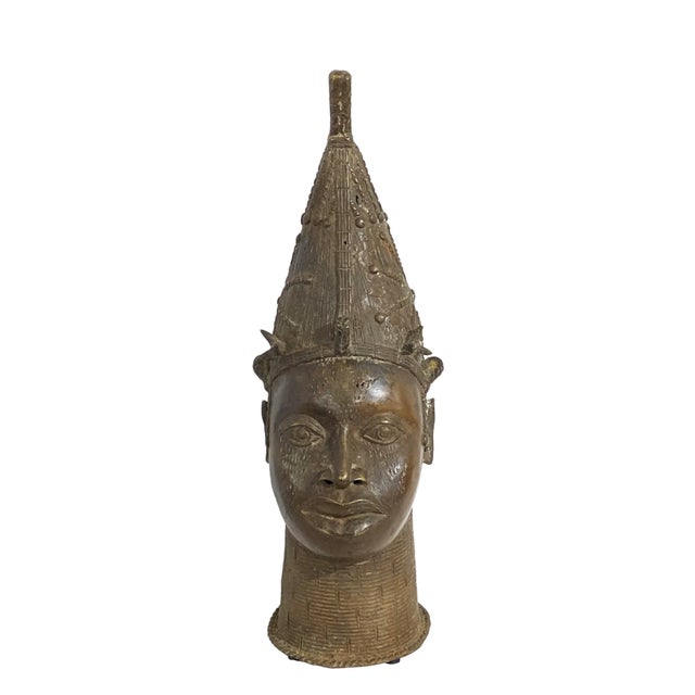 1980s Vintage Large Benin Bronze Head of a Queen Nigeria 21.5" H For Sale - Image 5 of 8