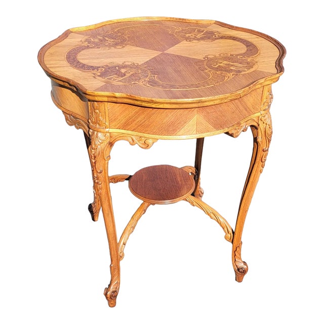 Louis Xv Style Marquetry and Carved Walnut and Mahogany Center Table With Center Stretcher For Sale