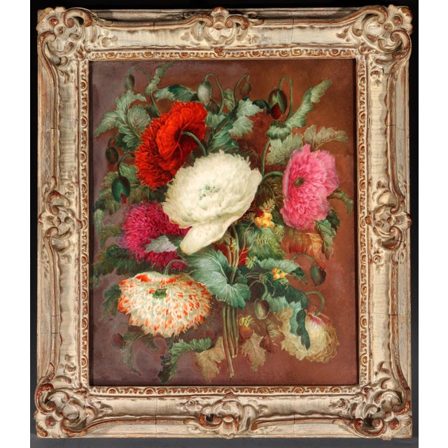 English Porcelain Botanical Plaque of Double Poppies, Attributed to Derby, Circa 1825 This richly colored porcelain...