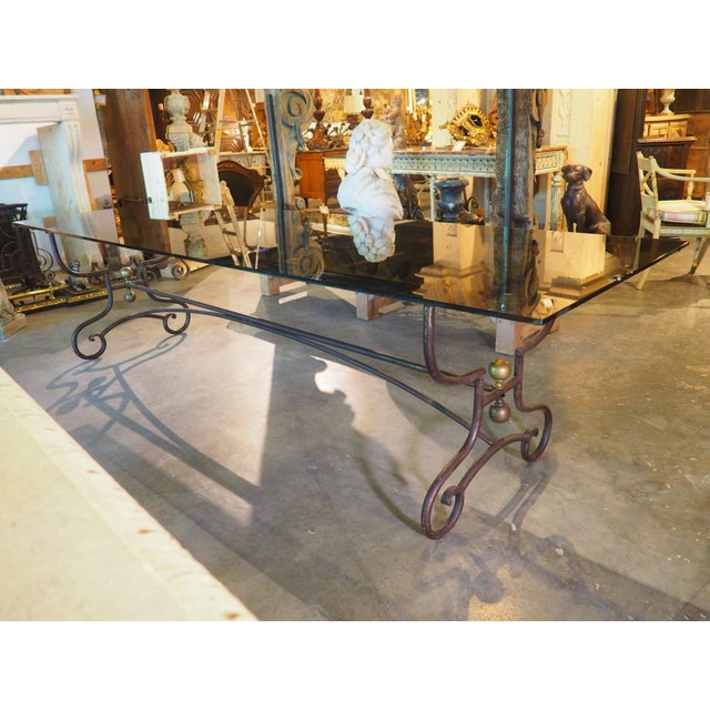 A French 1970s Wrought Iron and Brass Dining Table With Smoked Glass Top For Sale - Image 16 of 18