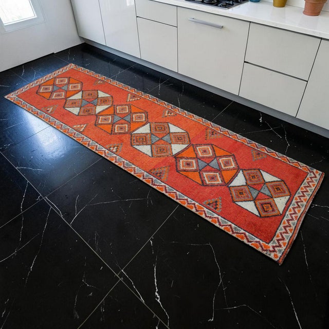 Mid-Century Modern Hand-Knotted Tribal Geometric Design Turkish Runner Rug . Hallway Rug Kitchen Decor - 3′3″ X 10′4″ For Sale - Image 3 of 15