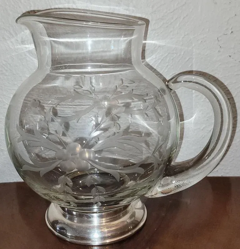 Early 20c Etched Crystal Jug With Sterling Silver Base by Arthur a