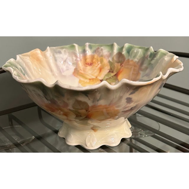 Antique Porcelain Footed Bowl - Bavarian, Hand-Painted Yellow Rose Pattern. Features a scalloped, ruffled edge with footed...