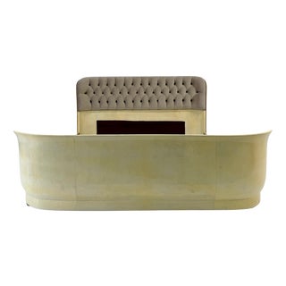 Italian Art Deco Bed in Parchment Leather with Beige Velvet Capitonné, 1940s For Sale