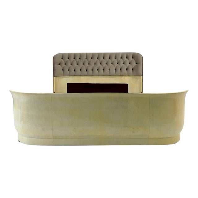 Italian Art Deco Bed in Parchment Leather with Beige Velvet Capitonné, 1940s For Sale