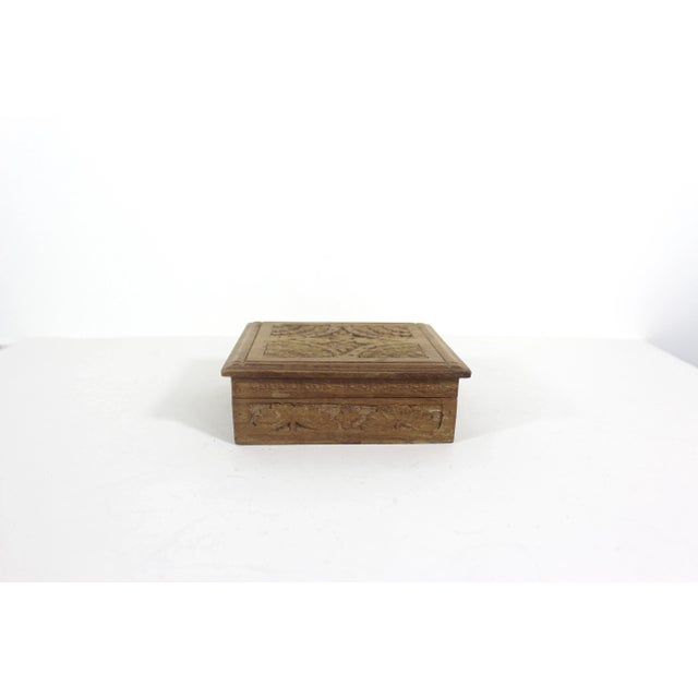 Tribal Vintage Carved Wood Box, Square Lidded Wooden Carving Floral For Sale - Image 3 of 9