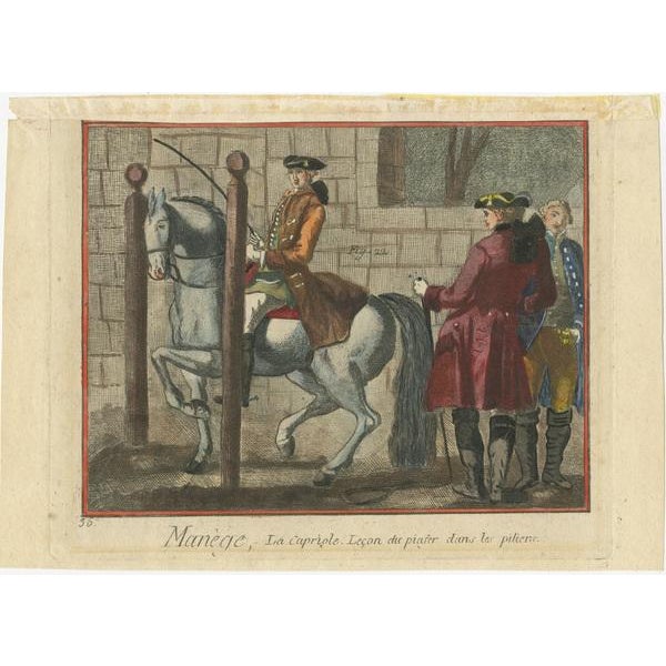 Antique print titled 'Manège, La Capriole. Lecon du piafer dans les piliers'. Copper engraving of horse riding: piaffe...