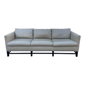 Vintage American Leather Modern Beige Leather Three Seat Sofa With Nailheads