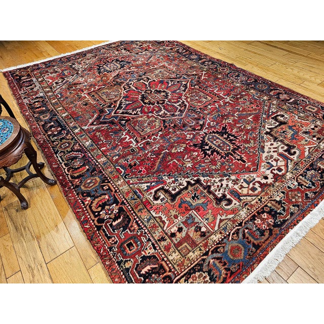 Red Vintage Persian Heriz Rug, Hand-Knotted Wool, Geometric Medallion Pattern, Red & Navy, 9x12 For Sale - Image 8 of 18