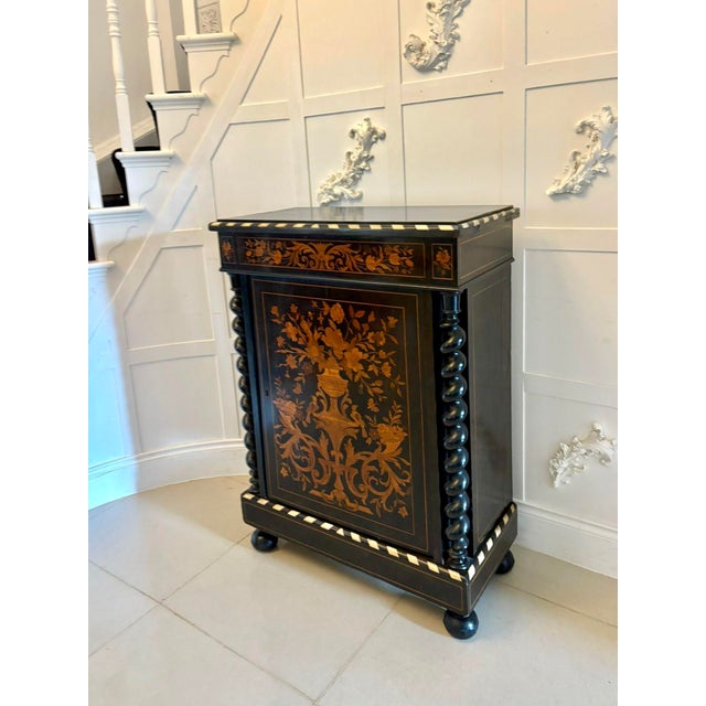 Antique Victorian Floral Marquetry and Ebonised Side Cabinet, 1860 For Sale - Image 3 of 18