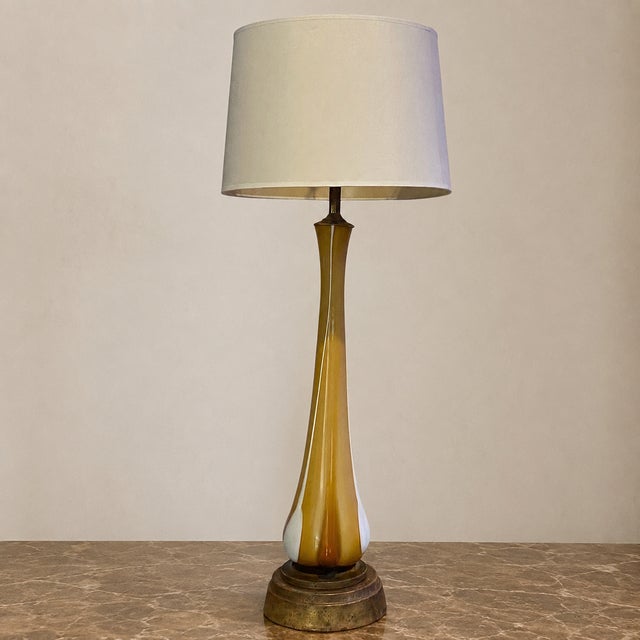 Mid-Century Modern Vintage Mid-Century Murano Style Handblown Amber & White Art Glass Table Lamp With Brass Base For Sale - Image 3 of 13