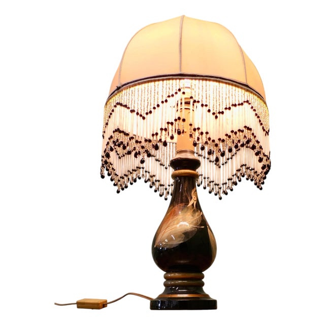 French Ceramic Table Lamp with Beaded Shade, 1960 For Sale