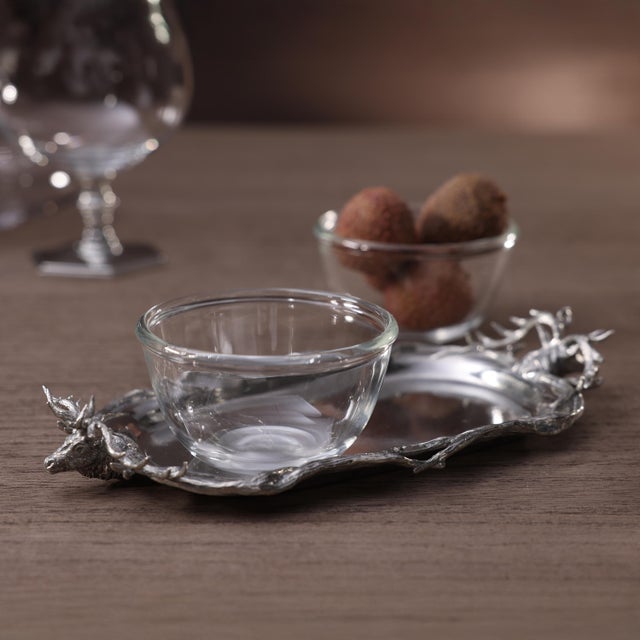 Transitional St. Anton Stag Head Pewter Serving Tray with Glass Bowls For Sale - Image 3 of 4
