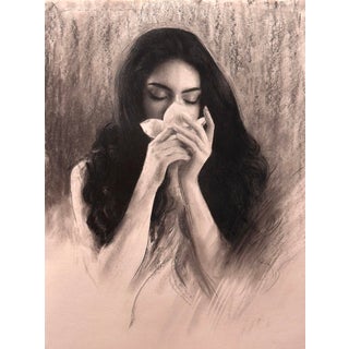 Fragrance by Bunyod Suvonov | Charcoal, graphite on toned paper Woman smelling a flower. For Sale
