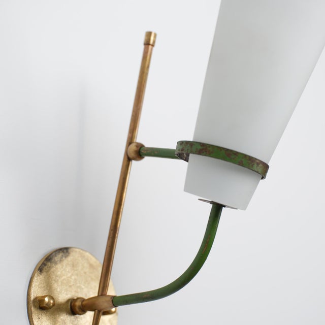 Italian Wall Sconces in Brass, Green Metal and Opaline Glass, 1950s, Set of 2 For Sale - Image 6 of 10