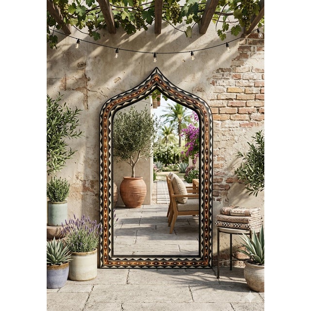 2020s Large Moroccan Arched Metal Inlay and Resin Mirror For Sale - Image 5 of 8