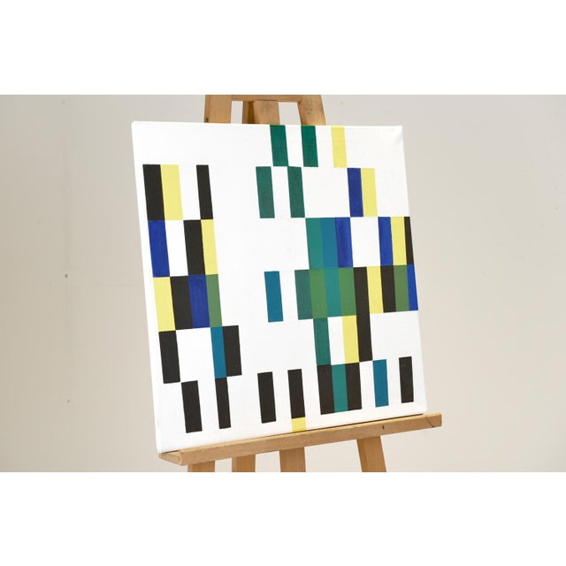 Abstract geometric oil painting by Mexican-born artist Guilermo Aguilar Huerta, 2015. Titled MOSAICOS, it is inscribed and...