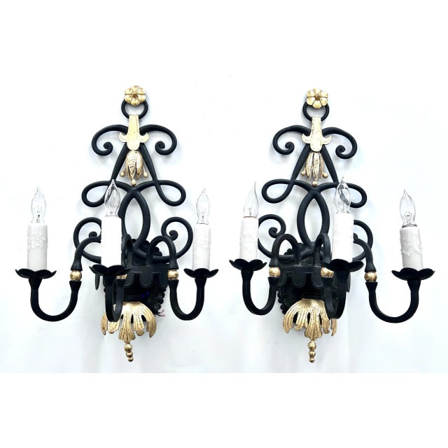 Mid 20th Century Wrought Iron Sconces with 24K Gold in the Style of Rene Drouet - a Pair For Sale - Image 5 of 10