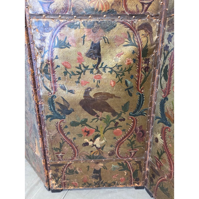 Antique 19th Century Painted Leather Folding Screen For Sale - Image 10 of 18