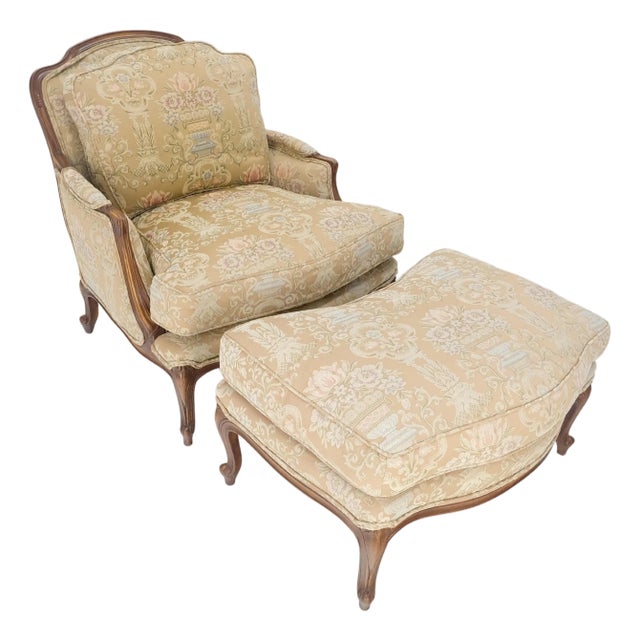 Wide Carved Walnut Frame Vintage French Arm Chair w/ Matching Ottoman Chaise For Sale