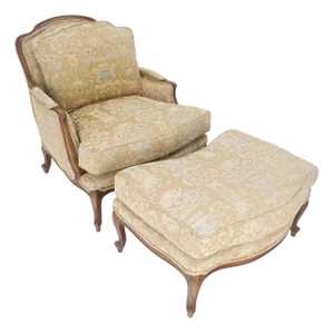 Wide Carved Walnut Frame Vintage French Arm Chair w/ Matching Ottoman Chaise