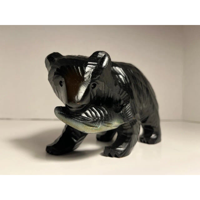1970s Vintage Ainu S. Takahashi Hand Carved Bear & Salmon Wooden Sculpture, Made in Japan For Sale - Image 5 of 9
