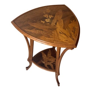 1900s Antique French Art, Nouveau Side Table by Emile Galle. 2 Tiers of Inlaid Wood Depicting Floral Pattern For Sale