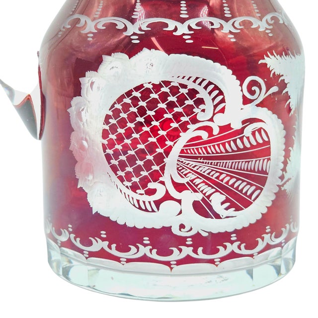 Vintage Egermann Ruby Cut to Clear Crystal Pitcher: Bohemian Stag Design For Sale - Image 4 of 12