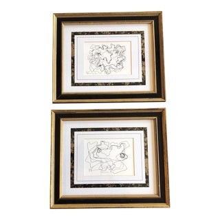 1980’s 2 Vintage Small Wayne Cunningham Abstract Portrait Ink Drawings Framed- a Pair For Sale