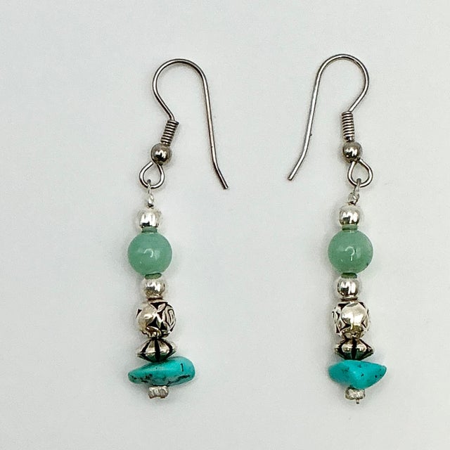 1970s 1970s Vintage Southwestern Mexican Boho Chic Sterling, Turquoise & Jade Dangle Pierced Earrings - A Pair For Sale - Image 5 of 5