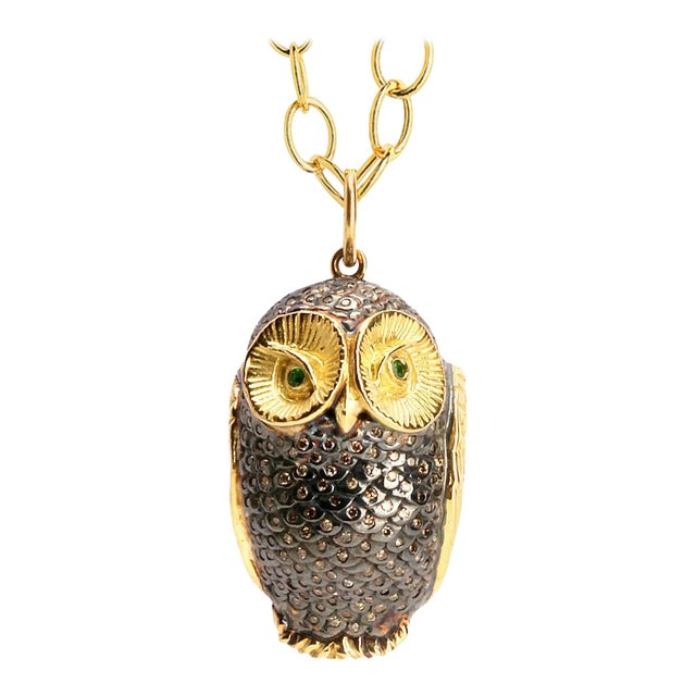 Syna Yellow Gold and Oxidized Silver Owl Pendant with Diamonds For Sale