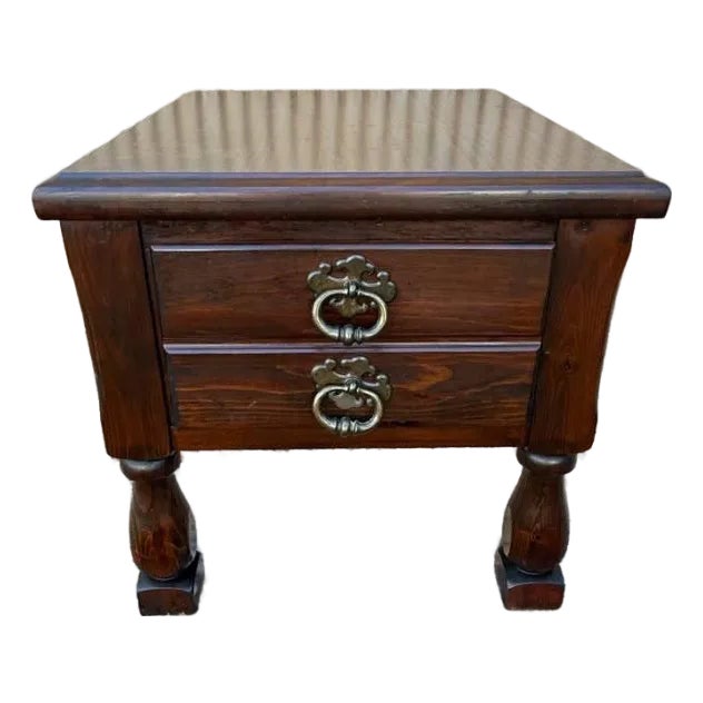 Vintage Rustic Style Dark Stained Finish Side Table For Sale