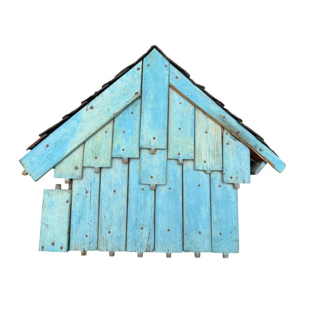 Folk Art Unique Mid 20th Century Birdhouse in Robin's Egg Blue Shingled Roof For Sale - Image 3 of 12