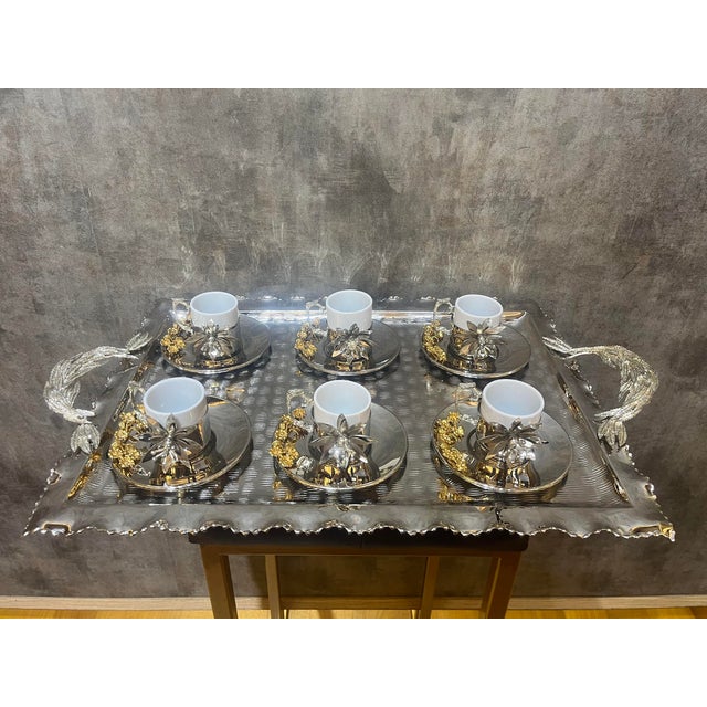 Metal Large Floral Copper Tea Service, Set of 6 For Sale - Image 7 of 15