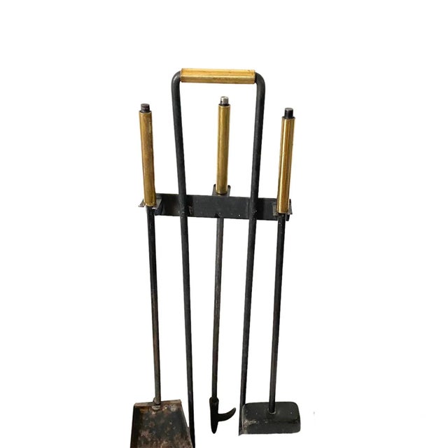 Mid-Century Modern Mid Century Modernist Fireplace Tool Set Black Wrought Iron & Brass For Sale - Image 3 of 9