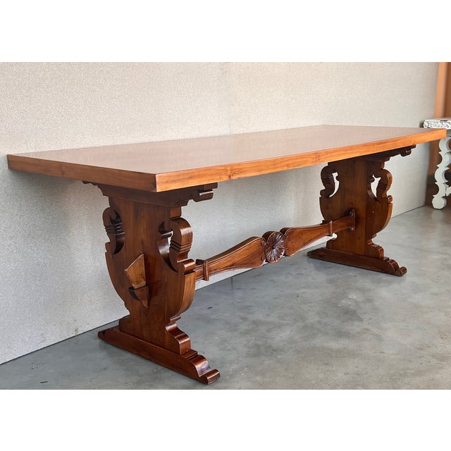 Baroque 20th Century Spanish Baroque Carved Walnut Lyre Legs Trestle Dining Farm Table For Sale - Image 3 of 11