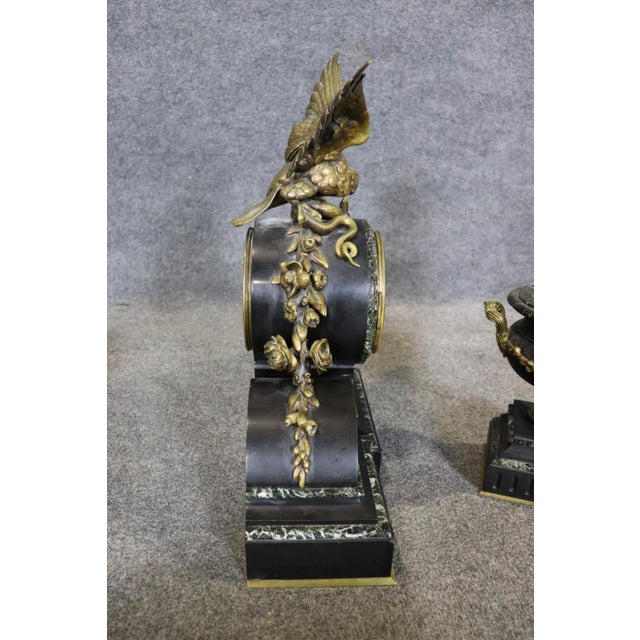 Beautiful Quality Marble and Bronze Signed Three Piece 1920s Era Clock Set For Sale - Image 11 of 18