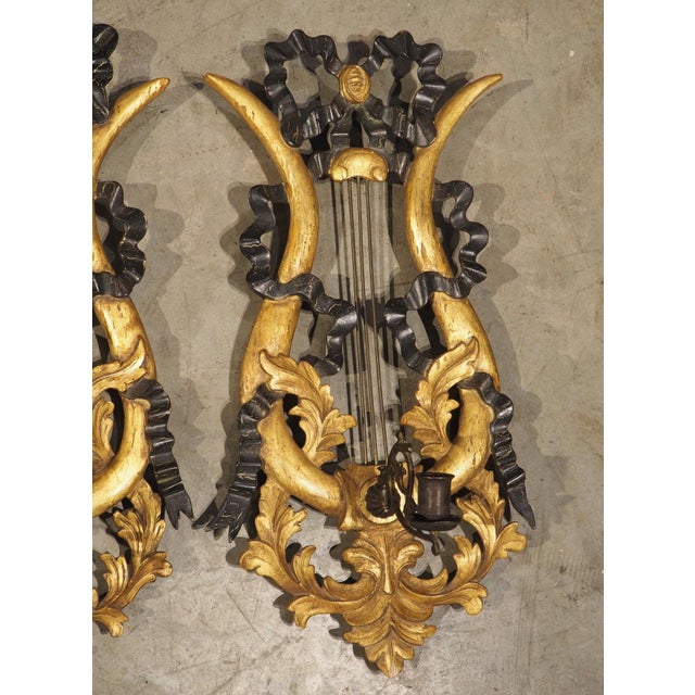 Pair of Italian Giltwood and Ebonized Louis XVI Style Lyre Form Sconces, 1950s For Sale In Dallas - Image 6 of 18